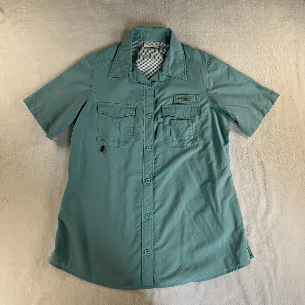 Columbia PFG Shirt Womens M Blue Short Sleeve Fishing Vented Button Up Top Hook